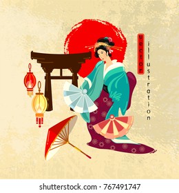 Travel to Japan. Collection of symbolic elements. Geisha. Template tradition and culture japanese travel background 