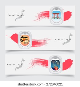 Travel Japan concept banner template air plane windows with land japan landmark torii gate, mountain fuji ,high speed train, golden pavilion, lucky doll and firework at night