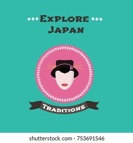 Travel to Japan concept illustration. Geisha woman with traditional hair style portrait. Cartoon style design, clip art for visit Japan
