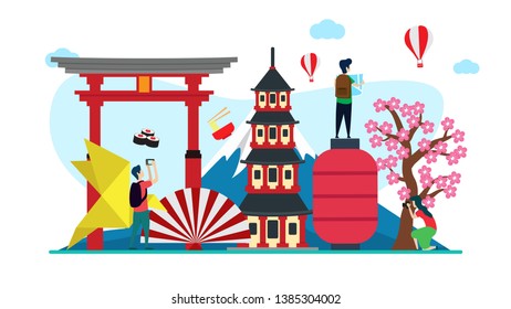 travel to japan creative illustration vector of graphic , small people traveling in japan illustration vector , japan traveling vector , japan concept vector flat illustration