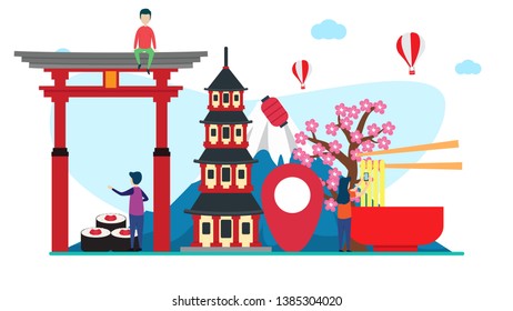 travel to japan creative illustration vector of graphic , small people traveling in japan illustration vector , japan traveling vector , japan concept vector flat illustration