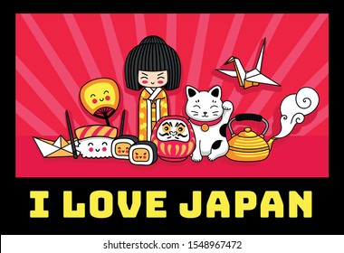 Travel to Japan. Cute cartoon concept for t-shirt, print, poster, postcard, souvenir. Kawaii kokeshi doll, maneki-neko, origami, sushi, ginkgo leaf, fan.