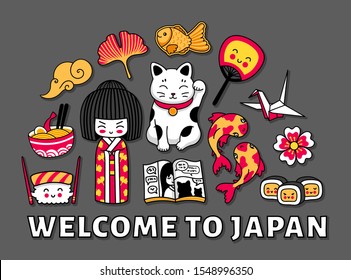 Travel to Japan. Cute cartoon concept for t-shirt, print, poster, postcard, souvenir. Kawaii kokeshi doll, maneki-neko, origami, sushi, ginkgo leaf, fan.