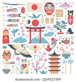 Travel Japan design elements collection with cultural symbols such as daruma dolls, origami, sakura and tea ceremony icons. Japanese local attractions and tourism related cliparts in vintage style.