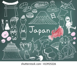 Travel to Japan doodle drawing icon with culture, costume, landmark and cuisine tourism concept in blackboard background, create by vector  