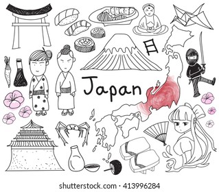 Travel to Japan doodle drawing icon with culture, costume, landmark and cuisine tourism concept in isolated background, create by vector  
