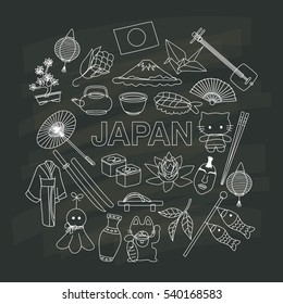 Travel to Japan doodle drawing icon with culture, costume, landmark and cuisine tourism concept in chalkboard background. Vector illustration