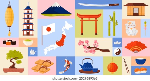 Travel to Japan geometric banner design with traditional culture emblems, dishes and landmarks. Mount Fuji landscape and shrines, samurai warrior sword and bonsai tree cartoon vector illustration