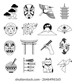 Travel to Japan icons and traditional elements. Famous symbols as Maneki-neko cat, origami, bonsai, sakura, koi fish, mount Fuji. Line art design set of cultural icons and tourist attractions.