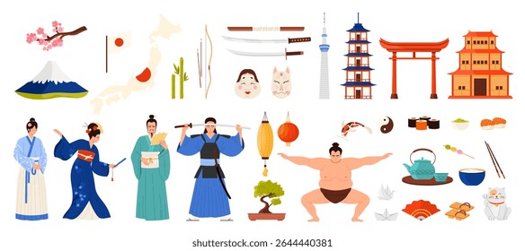 Viajar para o Japão infográfico set. Cultura e comida japonesa, pessoas com fã e kimono, samurai com espada e lutador de sumô, daruma e bonsai, sushi e bambu adesivos ilustração de vetor de desenhos animados
