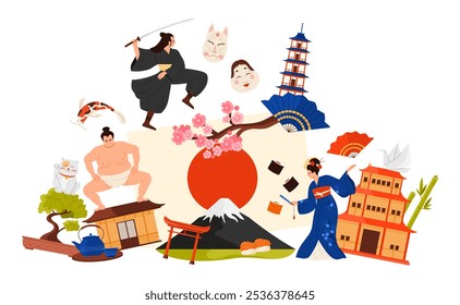 Reise nach Japan, japanische Kulturelemente und berühmte Architektur in einer Infografik-Collage. Geisha Tanz und Samurai mit Schwert, Sumo Wrestler, Mount Fuji und Sakura Zweig Cartoon Vektorgrafik