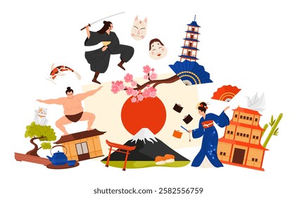 Travel to Japan, Japanese culture elements and famous architecture in infographic collage. Geisha dance and samurai with sword, sumo wrestler, Mount Fuji and sakura branch cartoon vector illustration