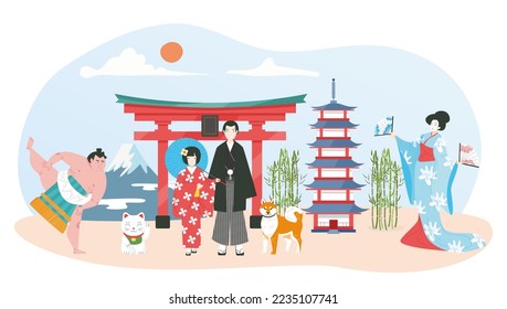 Viajar japón, conjunto de objetos de atracción turística japonesa, estereotipado traje tradicional vectorial plano ilustración, aislado en blanco.