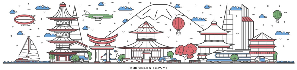 Travel Japan landmark banner vector illustration. World tour in Japan travel concept with famous modern and ancient architectural attractions. Must see Japan landmark panorama, tourist travel design