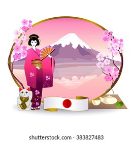 Travel to Japan, landmarks and symbol of Japan Mount Fuji, sakura blossom and japanese geisha in a kimono and cat Maneki Neko. Cat holding a coin with the inscription "a lot of money".