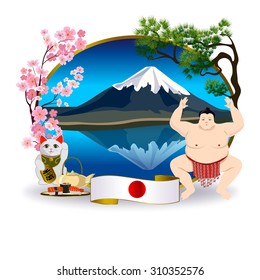 Travel to Japan: Mount Fuji, to the right of the oval frame is a sumo wrestler, to the left located sakura and Japanese cat hold the coin. The hieroglyph on the coin is translated "a lot of money".