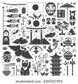 Travel Japan outline design elements collection with cultural symbols such as daruma dolls, origami, sakura and tea ceremony icons. Japanese tourism related cliparts in monochrome vintage style.