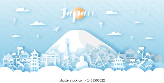 Travel Japan postcard panorama, poster, tour advertising of famous landmarks in paper cut style. Vector illustration.