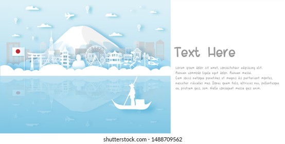 Travel Japan postcard panorama, poster, tour advertising of famous landmarks in paper cut style. Vector illustration.