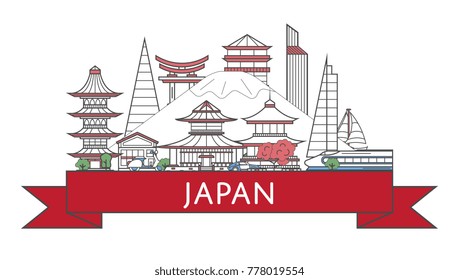 Travel Japan poster with national architectural attractions in trendy linear style. Japanese famous landmarks on white background. Country tourism advertising and worldwide voyage vector concept.