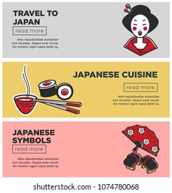 Travel to Japan promotional Internet banners with country symbols