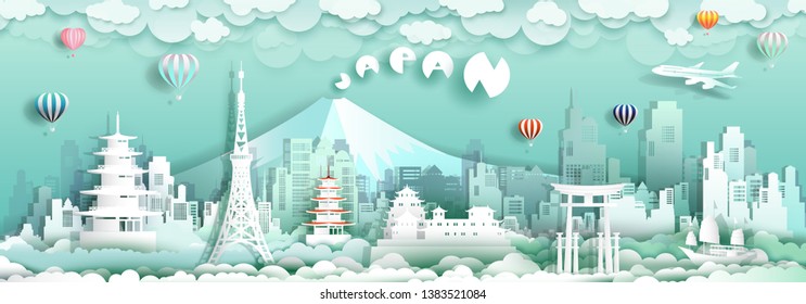 Travel to japan with sailboat landmarks of asian with architecture culture city and tourism, Traveling landmark in Asia with paper cut origami style for travel poster and postcard, vector illustration