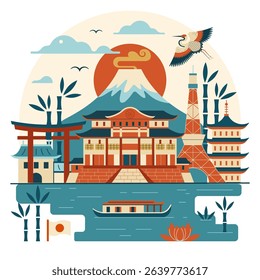 Travel Japan scene with Mount Fuji, japanese pagoda, torii gates and flying crane. Asian holidays card with popular Japanese symbols and tourist landmarks. Vacation in Asia illustration in flat style.