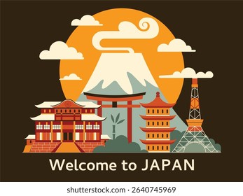 Travel Japan scene with Mount Fuji, japanese pagoda, torii gates and flying crane. Asian holidays card with popular Japanese symbols and tourist landmarks. Vacation in Asia illustration in flat style.