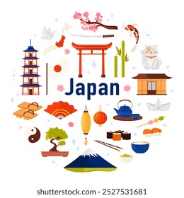 Viajar para o Japão set, elementos de cultura e marcos, comida em banner infográfico redondo. Mapa e bandeira do país, Maneki Neko gato da sorte e sakura, cerimônia do chá e desenho animado de sushi ilustração vetor