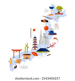 Viagem ao Japão set, elementos de cultura e marcos, comida no mapa infográfico. Santuário de Itsukushima e Monte Fuji, arranha-céus de Tóquio e casas tradicionais japonesas, ilustração de vetor de desenhos origami