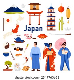 Travel to Japan set of culture elements. Japanese woman and man in traditional costumes, ancient shrines and Mount Fuji, samurai sword and geisha fan, map and flag of Japan cartoon vector illustration