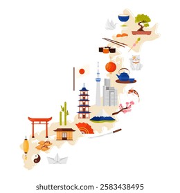 Travel to Japan set, culture elements and landmarks, food in infographic map. Itsukushima Shrine and Mount Fuji, Tokyo skyscrapers and Japanese traditional houses, origami cartoon vector illustration