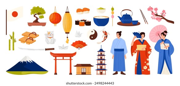 Travel to Japan set. Japanese culture and decorative symbols, heritage architecture of shrine and temple, bonsai tree and sakura, lucky cat and traditional food cartoon collection vector illustration