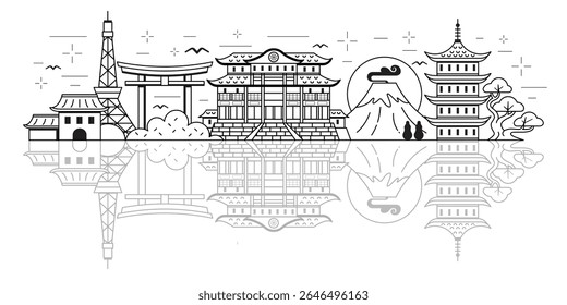 Viajar para o Japão skyline line viagem banner com símbolos famosos e marcos populares. Paisagem japonesa com horizonte da cidade, monte Fuji, pagode e edifícios arquitetônicos históricos com reflexões.