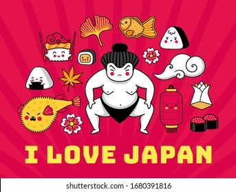 Travel to Japan. Sumo wrestler, puffer fish, sushi. Red banner, postcard with famous japanese symbols. Cartoon vector illustration.