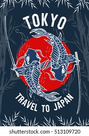 Travel to Japan, Tokyo poster, typography for t-shirt print , japan carp art, vector illustration