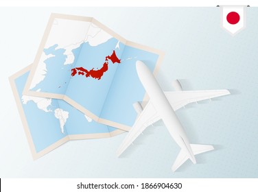 Travel to Japan, top view airplane with map and flag of Japan. Travel and tourism banner design.