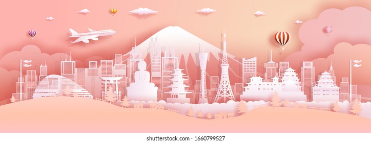 Travel Japan top world famous castle ancient architecture and palace. Modern business brochure design on pink color background.Tour tokyo landmark of asia with paper origami, Vector illustration. - Shutterstock ID 1660799527