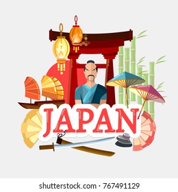 Travel to Japan. Traditions and culture,  Welcome to Japan. Collection of symbolic elements. Template travel background