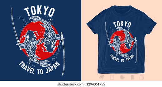 Travel to Japan. Two carps fish. Print for t-shirts and another, trendy apparel design 