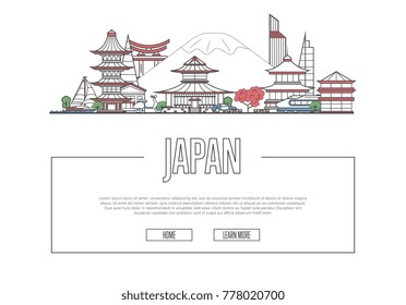 Travel Japan vector composition with famous architectural landmarks in linear style. Worldwide traveling and time to travel concept. Japanese national attractions on white background, global tourism.
