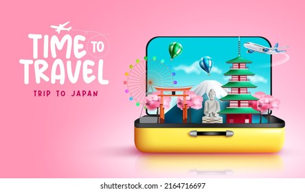 Travel japan vector design. Travel time trip to japan text with country landmark, structure, nature and cherry blossom elements for fun and enjoy travelling adventure. Vector illustration.
