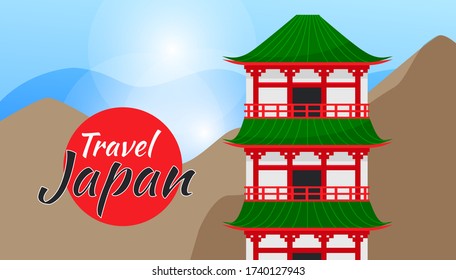 Travel Japan vector poster with japanese famous landmark. Travel and tourism concept banner. Japanese traditional architecture of buildings surrounded by mountains. Country national symbols for travel
