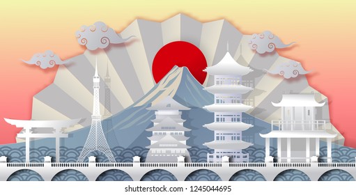 Travel to japan of world famous landmarks.vector paper art and digital craft style.