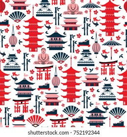 Travel japanese seamless vector pattern, Japan landmark Kinkaku JI temple, Itsukushima Shrine, Confucius temple, Nagoya castle, Buddha, decorative bamboo, sakura flower, salmon for design background