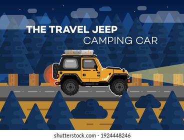 The Travel Jeep driving on road in the night forest, Vector of yellow camping car at drive at night