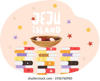 Travel Jeju island, South Korea attraction with snorkeling dive. Bowl of seashells on stack of books