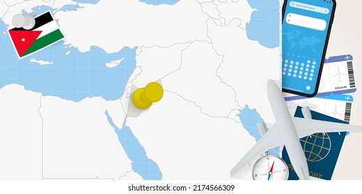 Travel to Jordan concept, map with pin on map of Jordan. Vacation preparation map, flag, passport and tickets. Vector illustration in flat design.