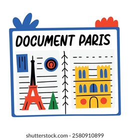 Travel journal with document paris text, flat sticker 
