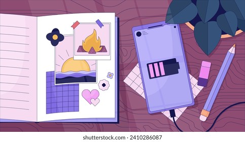 Travel journal near smartphone charging lofi wallpaper. Diary memories tabletop wooden 2D cartoon flat illustration. Nostalgia retro. Dreamy vibes chill vector art, lo fi aesthetic colorful background